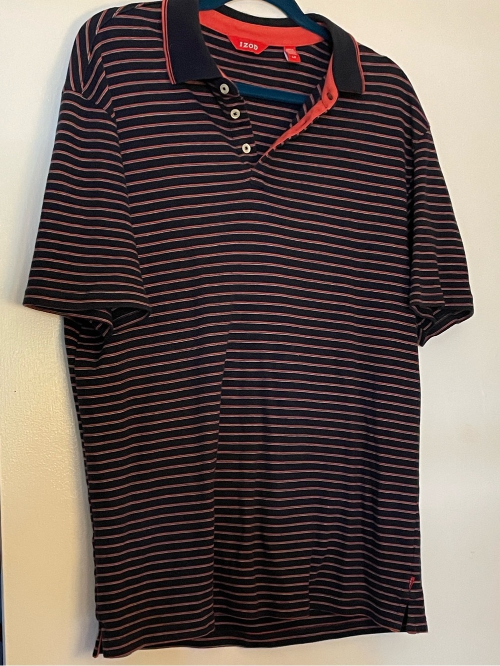 Izod Men's Navy Polo with Coral Stripe Accents